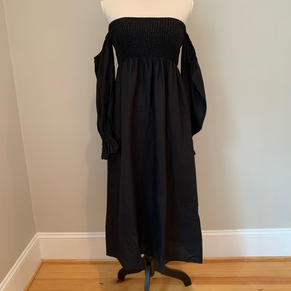 Linen Smocked Long sleeve nap lounge dress Black 🌹 - Picture 2 of 11